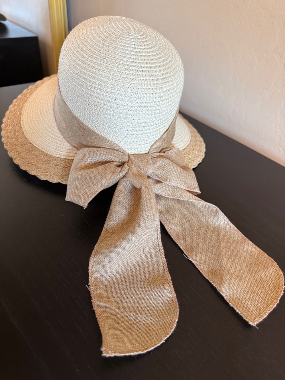 Wide Brim Straw Sun Hat Beige Ribbon Bow New No tag - Picture 4 of 14